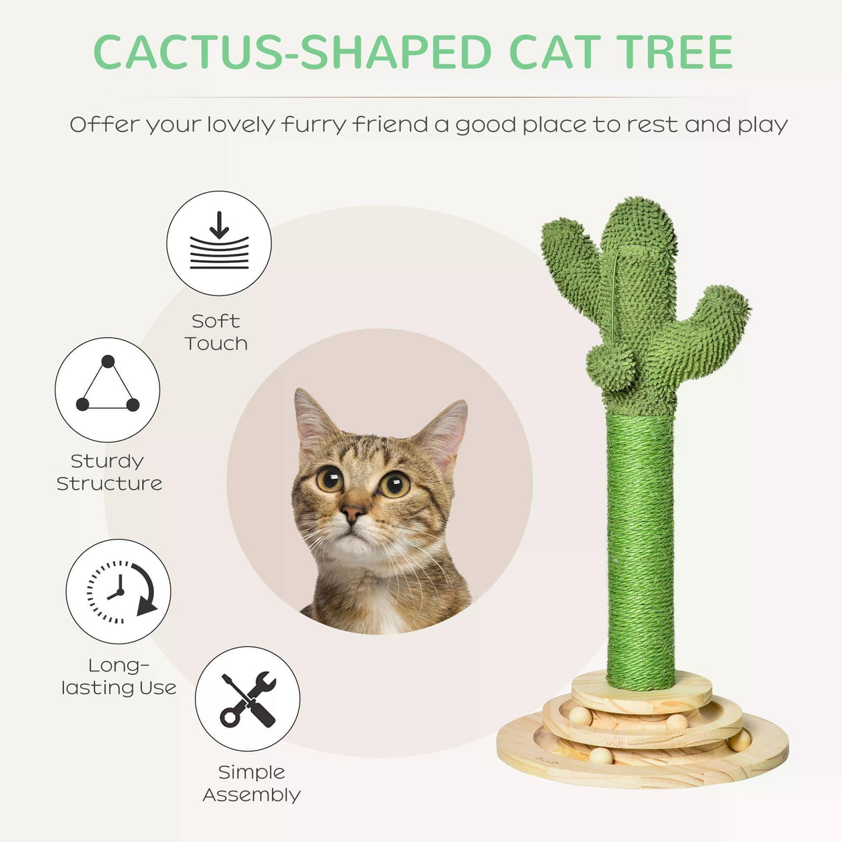 Cactus-Shaped Cat Scratching Post Tower, 60cm - Green - Cat Trees - Purr Wish