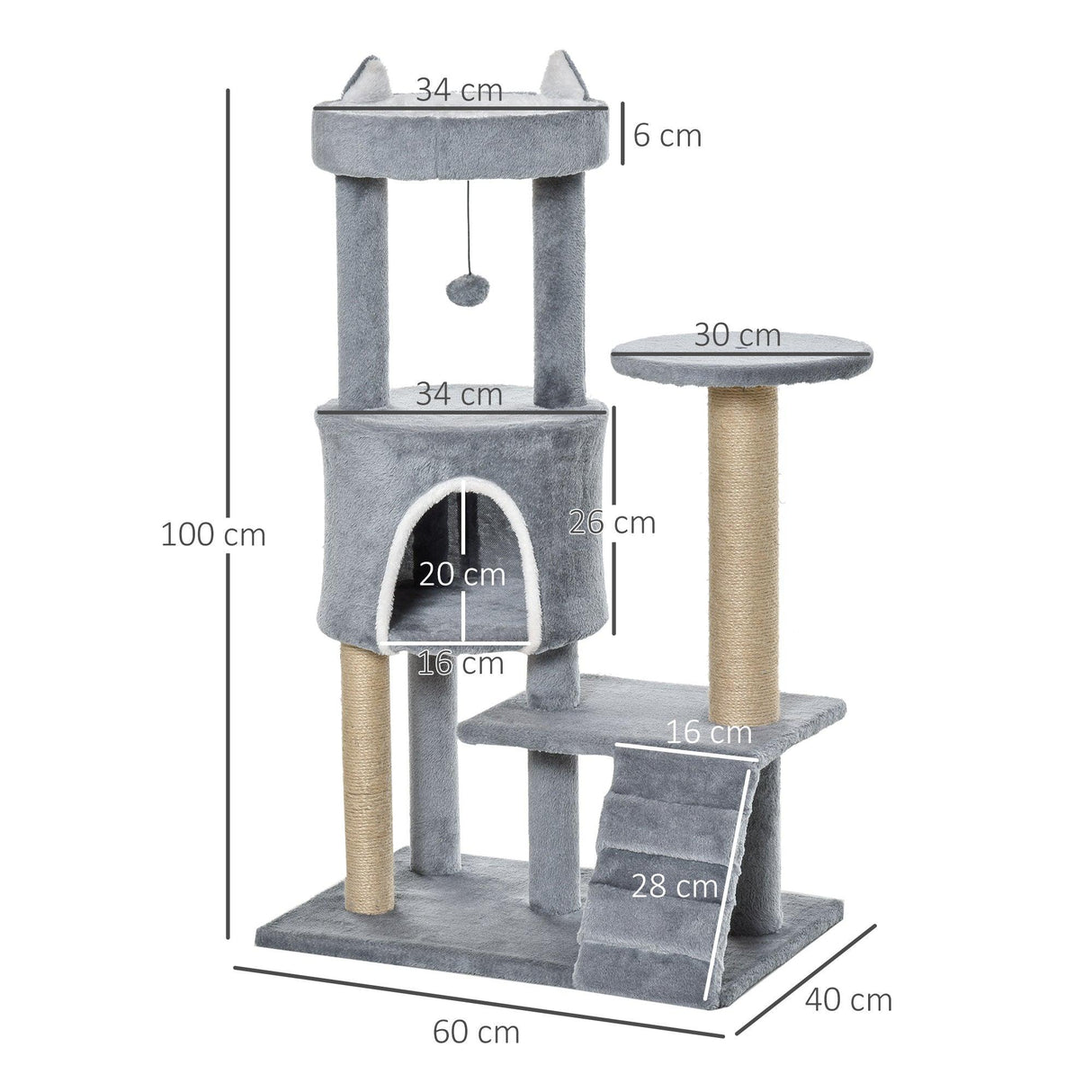 Multi-Platform Cat Tree Condo with Scratching Post, 100cm - Grey - Cat Trees - Purr Wish