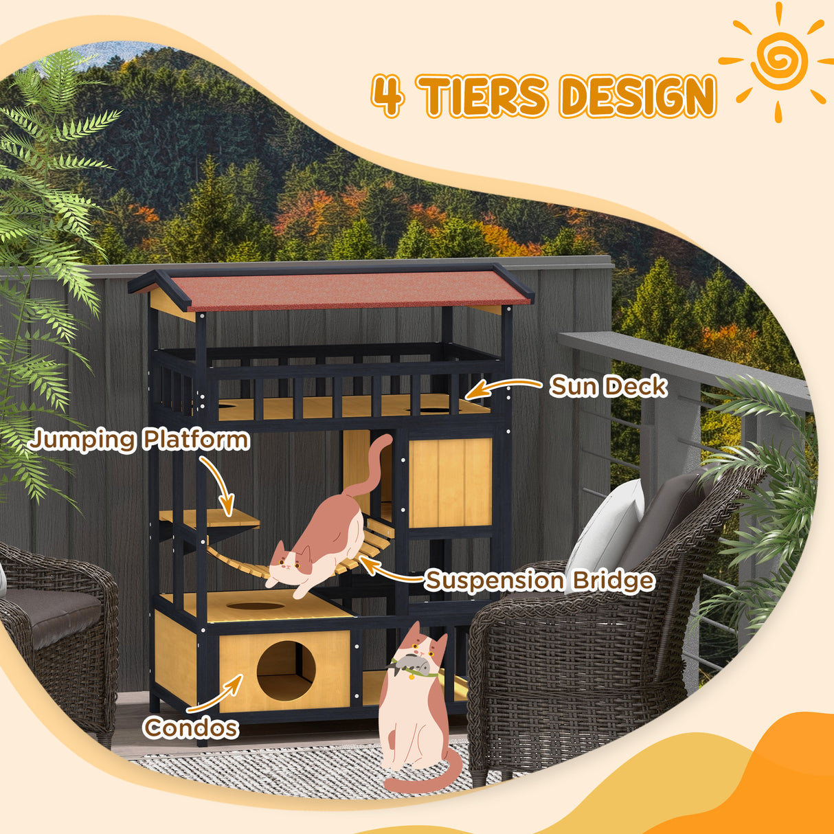 Four-Tier Wooden Outdoor Cat Shelter with Suspension Bridge - Grey
