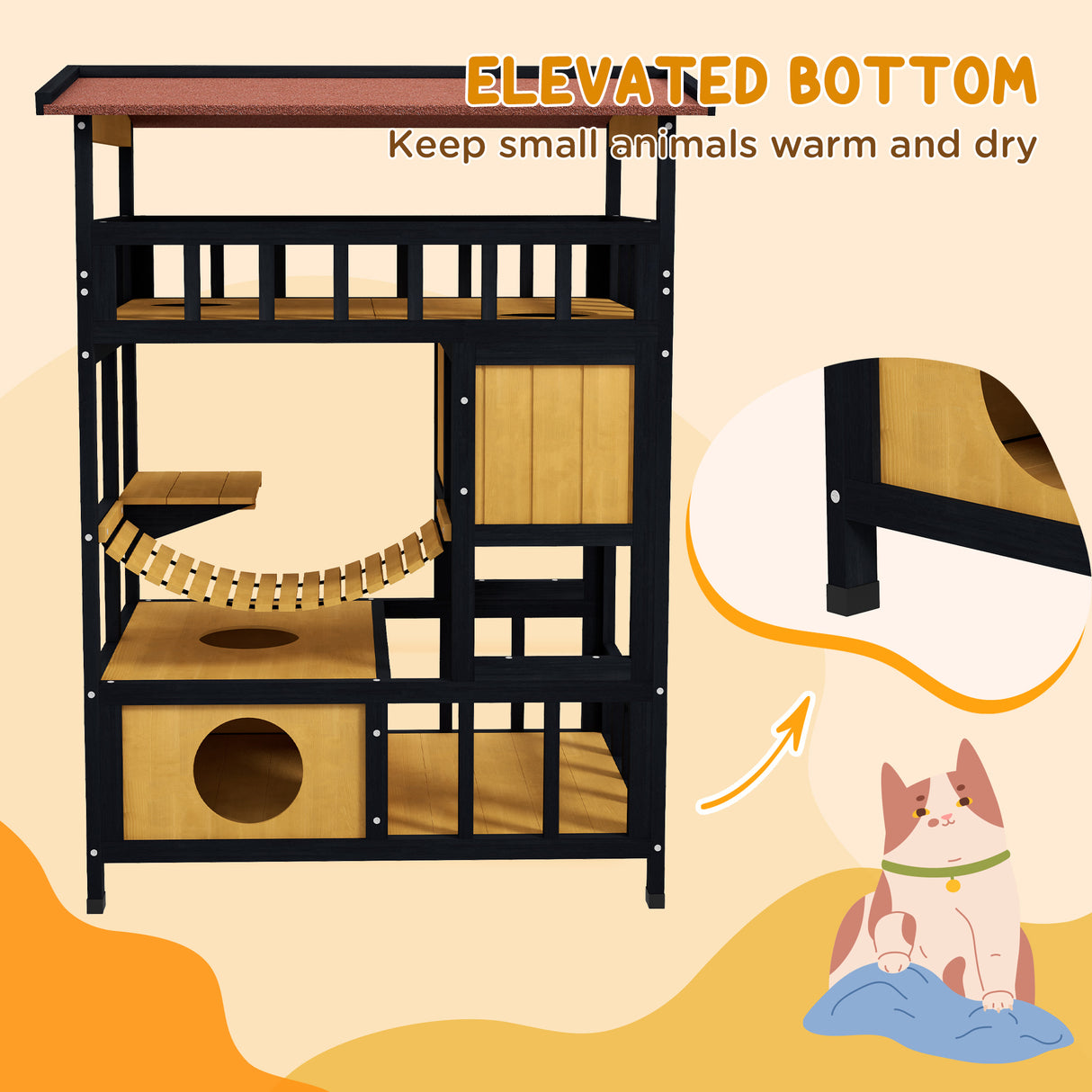 Four-Tier Wooden Outdoor Cat Shelter with Suspension Bridge - Grey