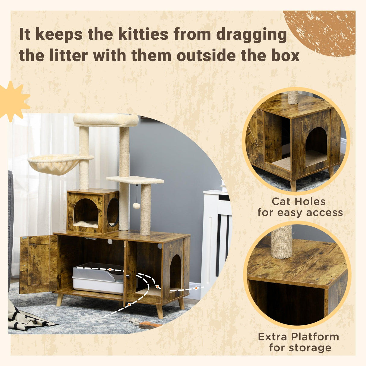 Cat Litter Enclosure w/ Cat Tree, 138cm - Rustic Brown - Cat Trees - Purr Wish