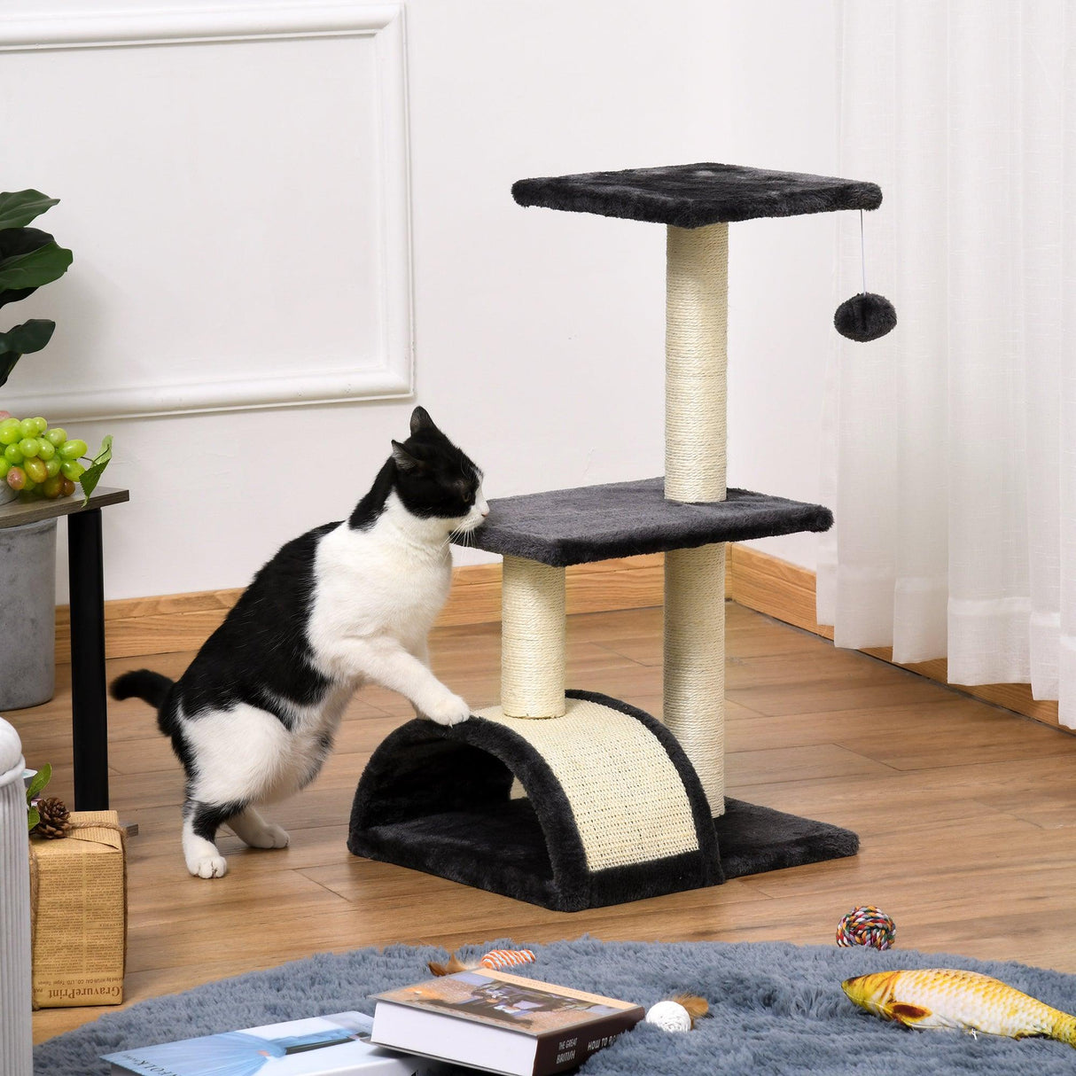 Cat Tower with Scratching Post Pad and Hanging Ball, 72cm - Black - Cat Trees - Purr Wish