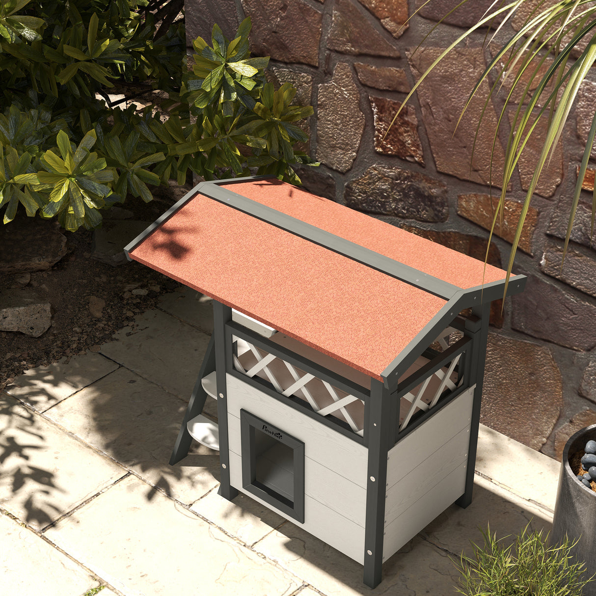 Cat House Outdoor with Balcony, Stairs, Roof - White