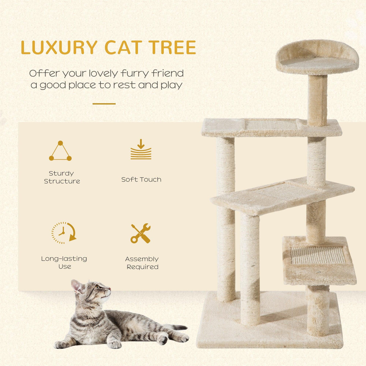 Sisal Cat Tree Scratching Post Climbing Tower, Beige - Cat Trees - Purr Wish