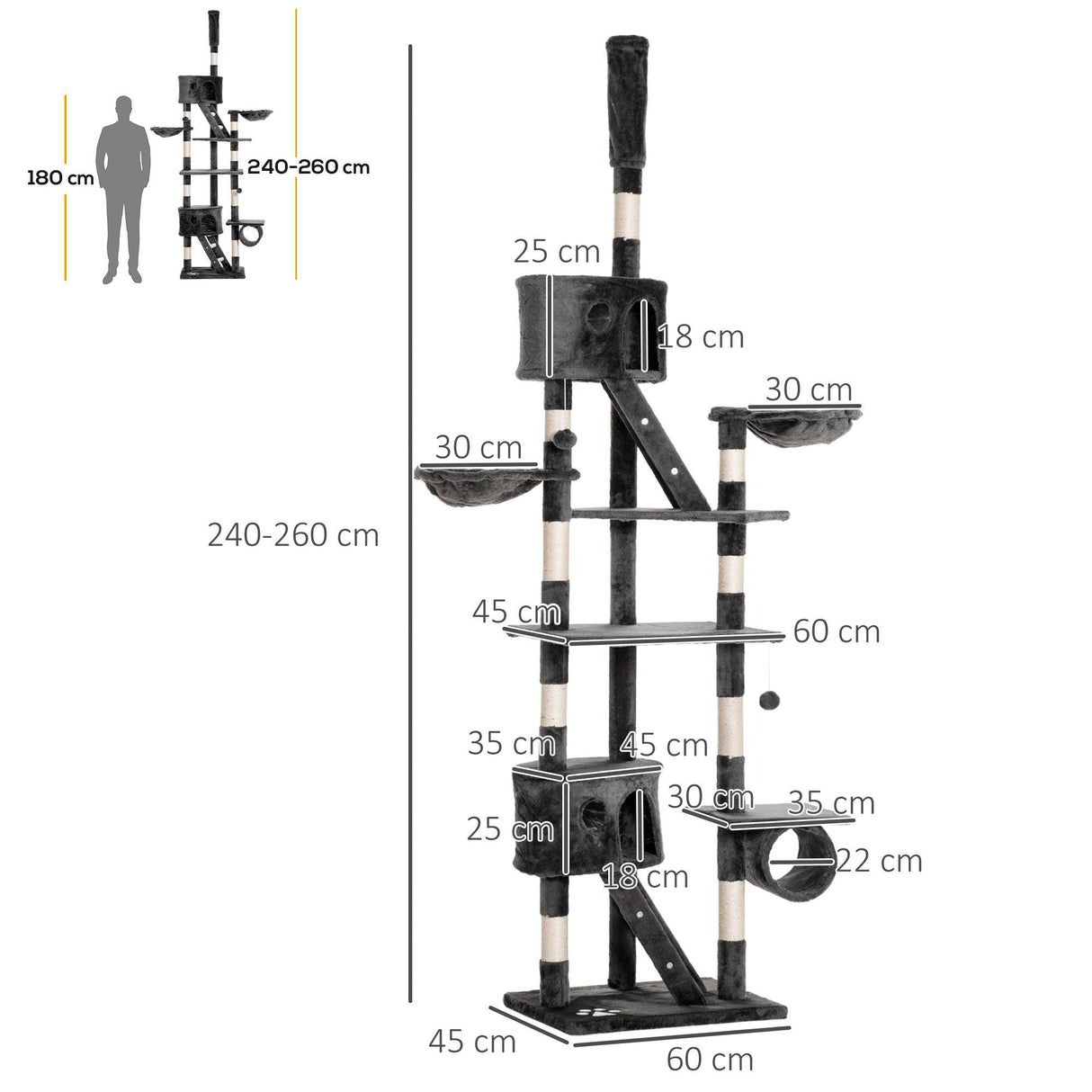 Adjustable Height Cat Tree, 240-260cm - Dark Grey - Cat Trees - Purr Wish