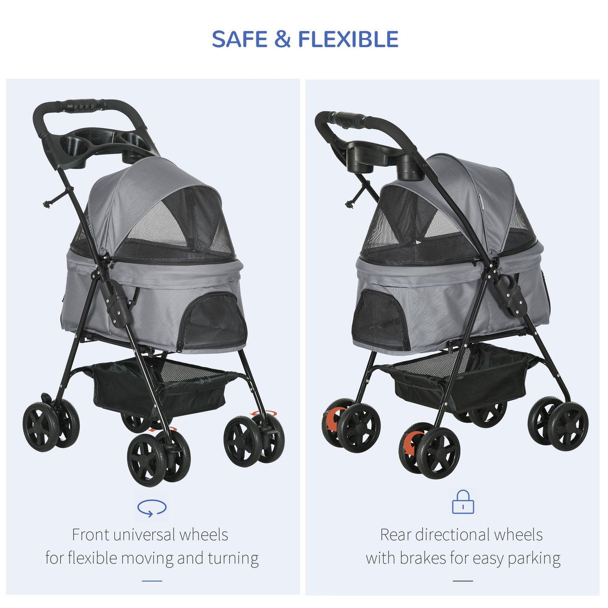 Cat Stroller with Rain Cover and EVA Wheels - Grey - Cat Carriers & Strollers - Purr Wish
