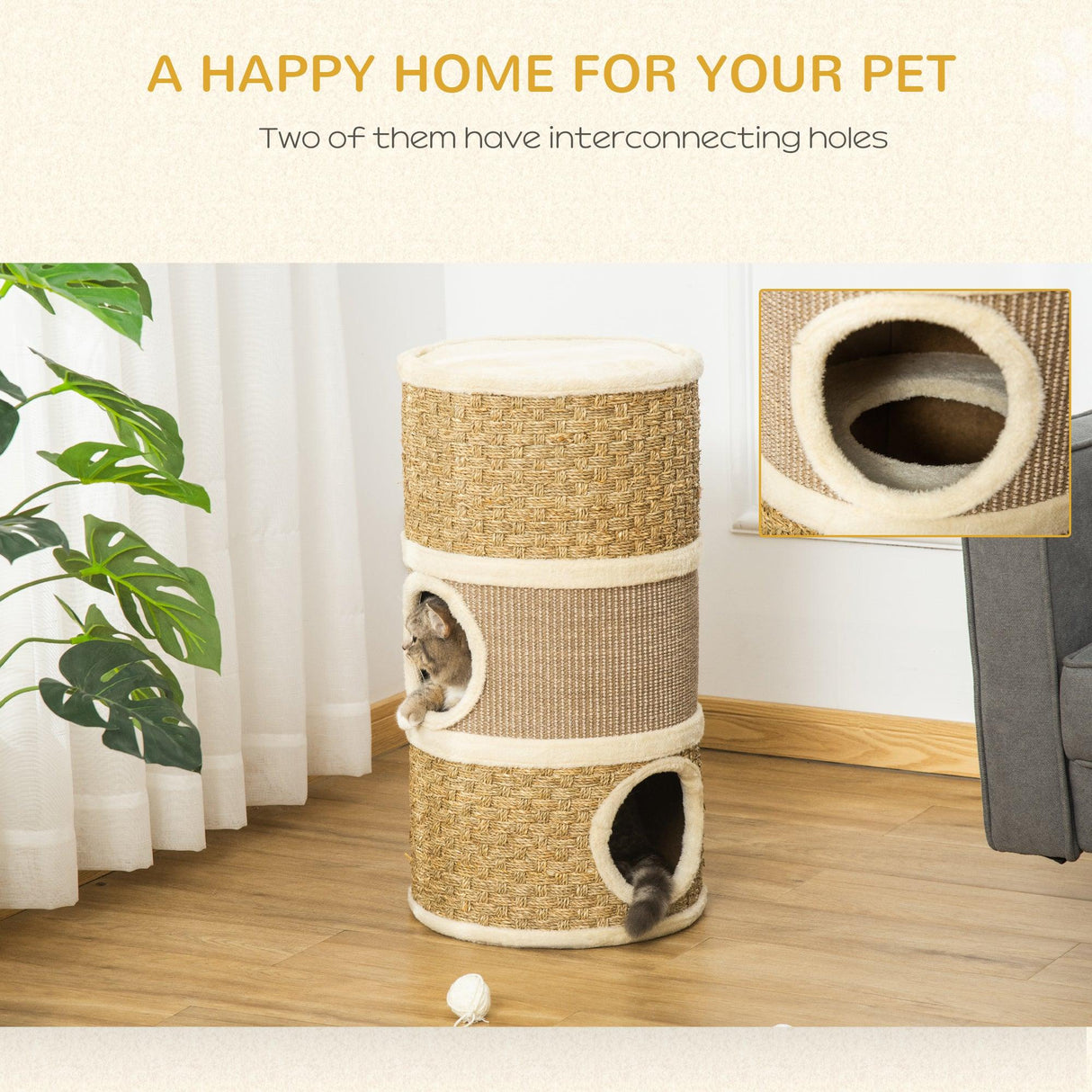 Sisal & Seaweed Rope Cat Scratching Barrel Tower, 70cm - Natural - Cat Trees - Purr Wish