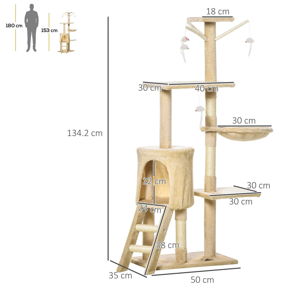Multi-Level Cat Tree House, 134.2cm - Beige - Cat Trees - Purr Wish