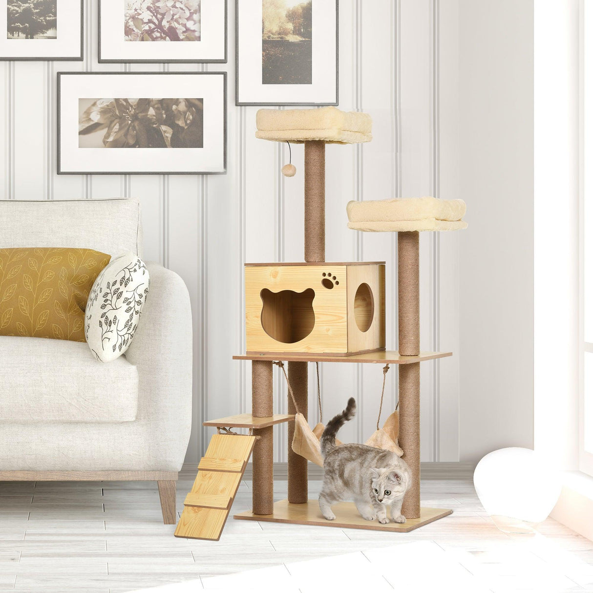 Multi-Level Cat Tree, Scratching Posts, Condo, Ball, 130cm - Yellow - Cat Trees - Purr Wish