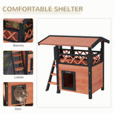 Cat House Outdoor with Balcony, Stairs, Roof - Brown