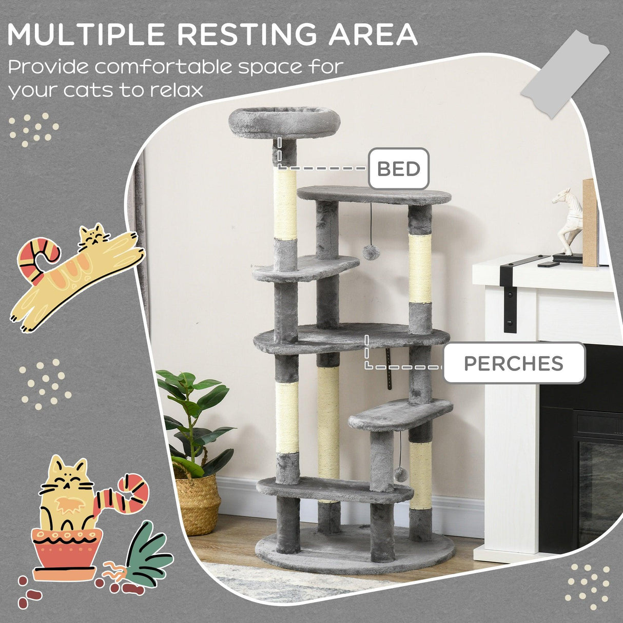 Grey Three-Tier Cat Activity Center Tower, 136cm - Grey - Cat Trees - Purr Wish