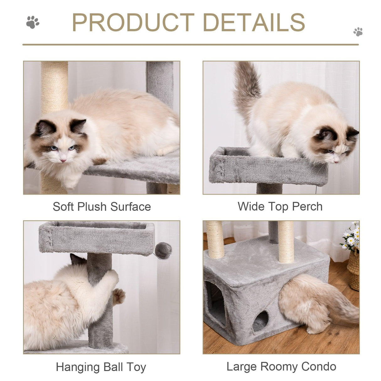 4-Level Cat Tower with Hanging Ball Toys, 125cm - Grey - Cat Trees - Purr Wish
