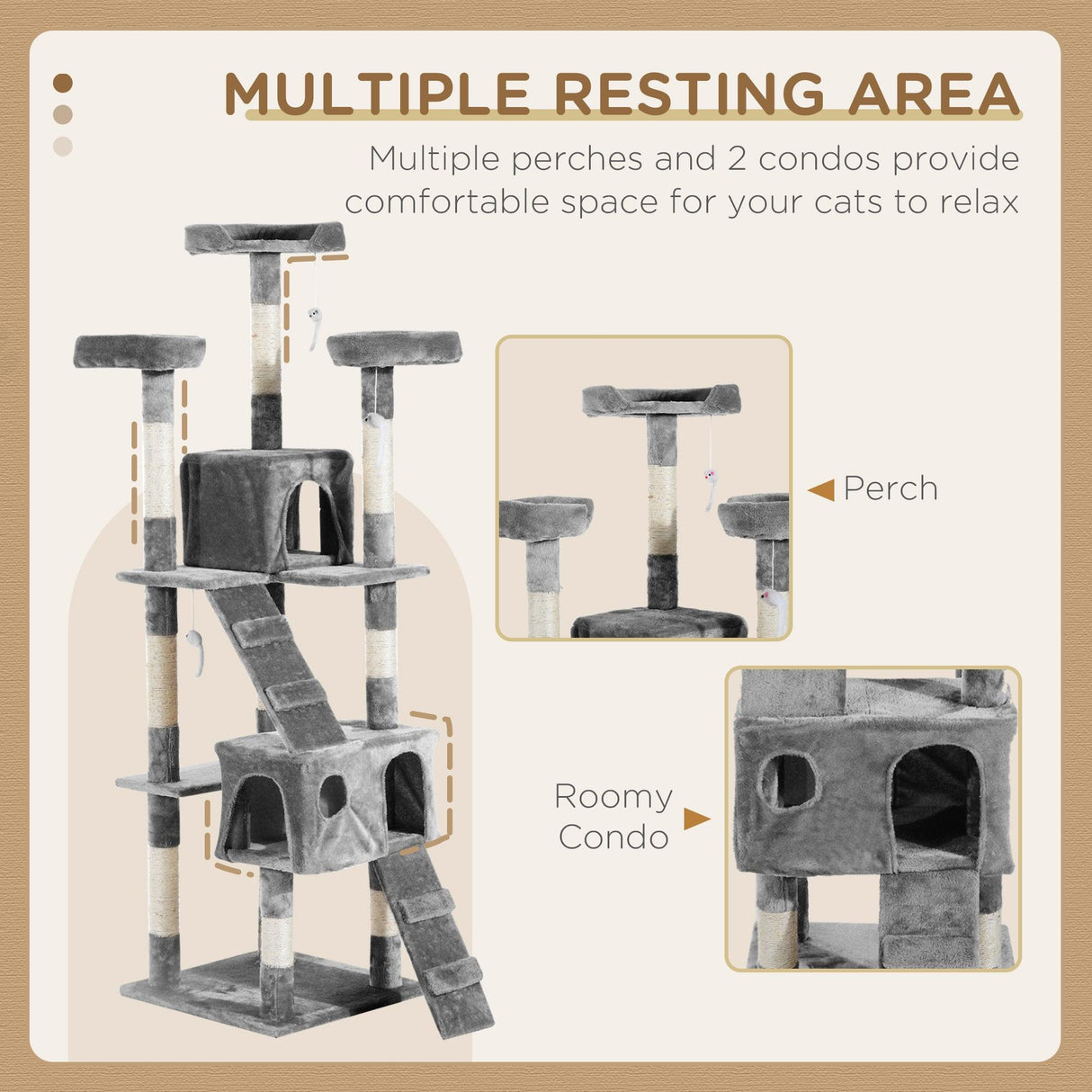 Multilevel Cat Tree Tower for Scratching, Climbing, 170cm - Grey - Cat Trees - Purr Wish