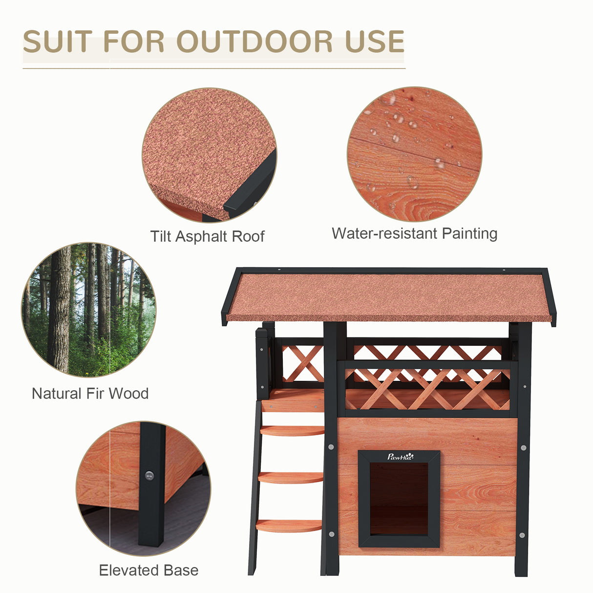 Cat House Outdoor with Balcony, Stairs, Roof - Brown
