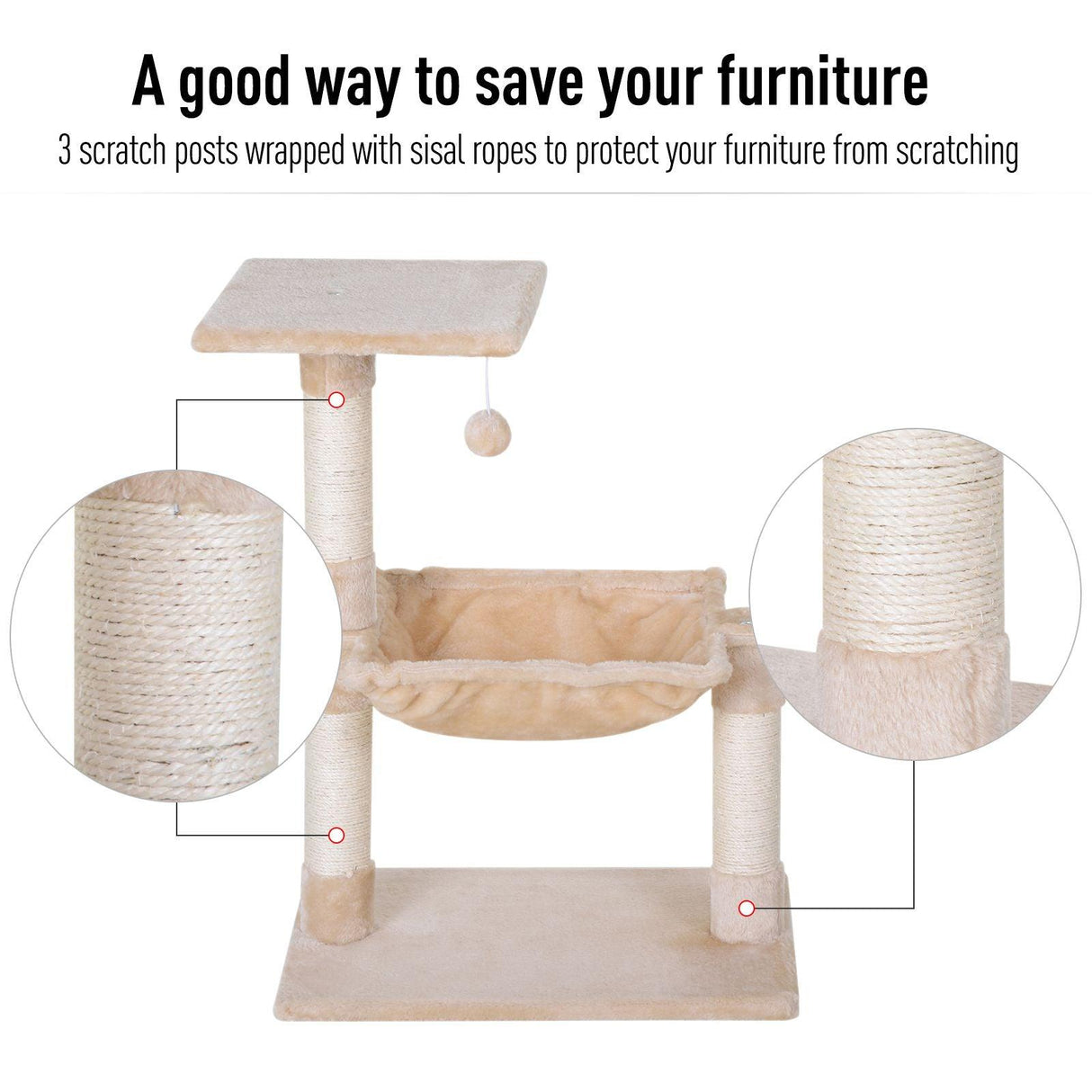 Cat Tree Hammock Bed w/ Scratching Post, 70cm - Beige - Cat Trees - Purr Wish