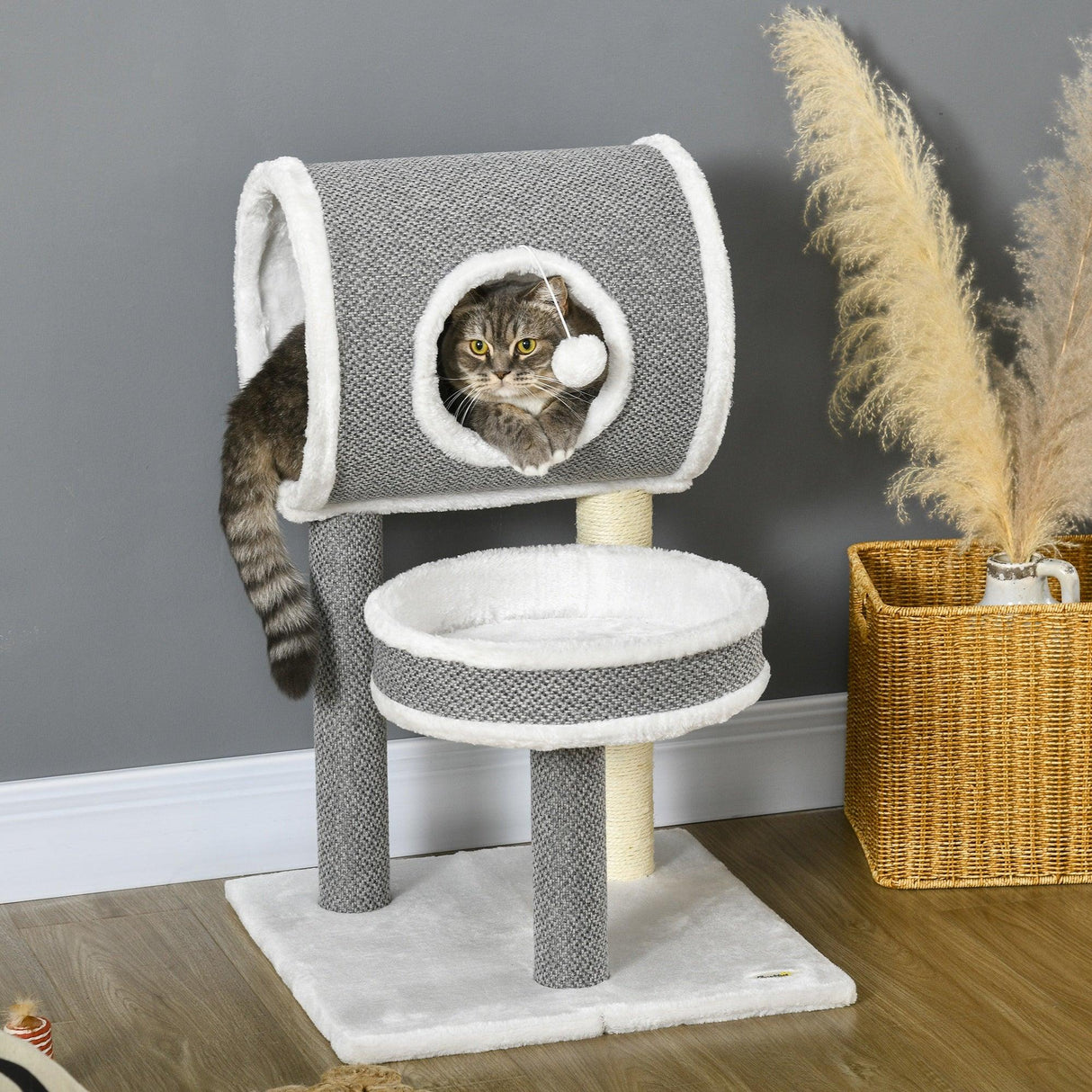 Cat Tree w/ Scratching Posts, Tunnel, Plush Bed, 73cm - Grey & White - Cat Trees - Purr Wish