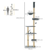 6-Tier Floor to Ceiling Adjustable Cat Tree, 230-250cm - Grey & Beige - Cat Trees - Purr Wish