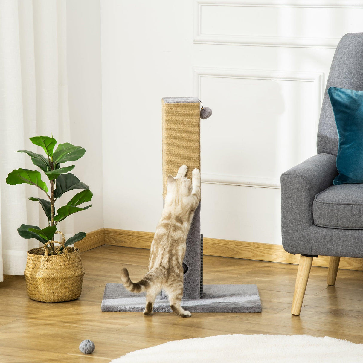 Cat Scratching Post w/ Self Grooming Brush, 79cm - Grey - Cat Scratchers - Purr Wish