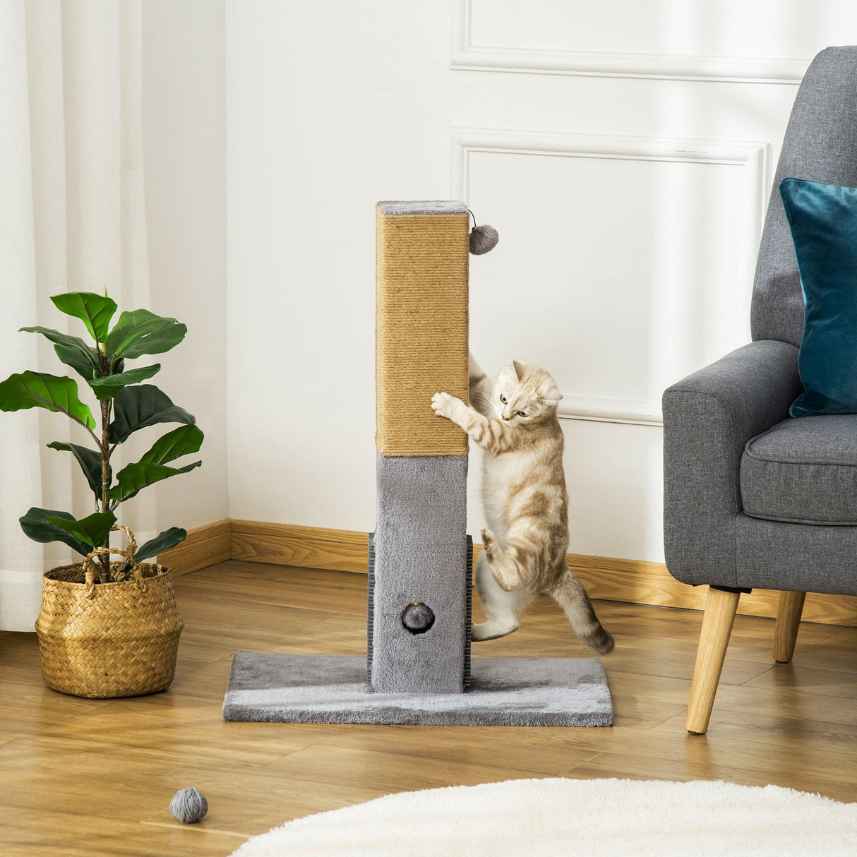 Cat Scratching Post w/ Self Grooming Brush, 79cm - Grey - Cat Scratchers - Purr Wish