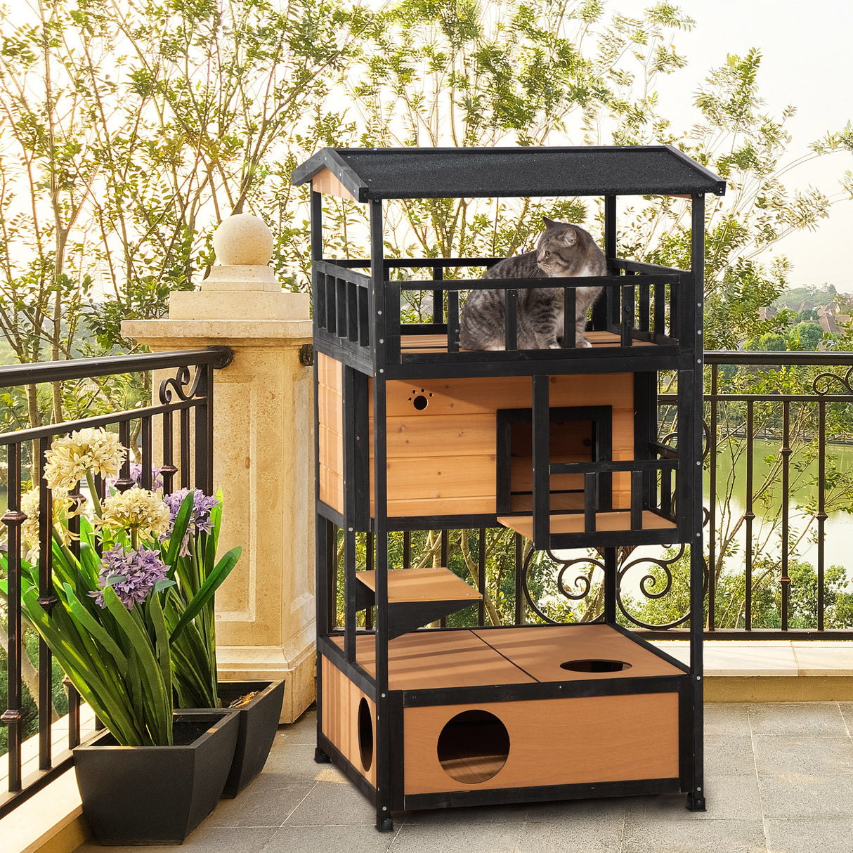 3-Tier Wooden Cat House for Winter Kitten Lodge w/ Tilted Roof, Yellow