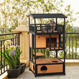 3-Tier Wooden Cat House for Winter Kitten Lodge w/ Tilted Roof, Yellow