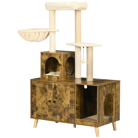 Cat Litter Enclosure w/ Cat Tree, 138cm - Rustic Brown - Cat Trees - Purr Wish