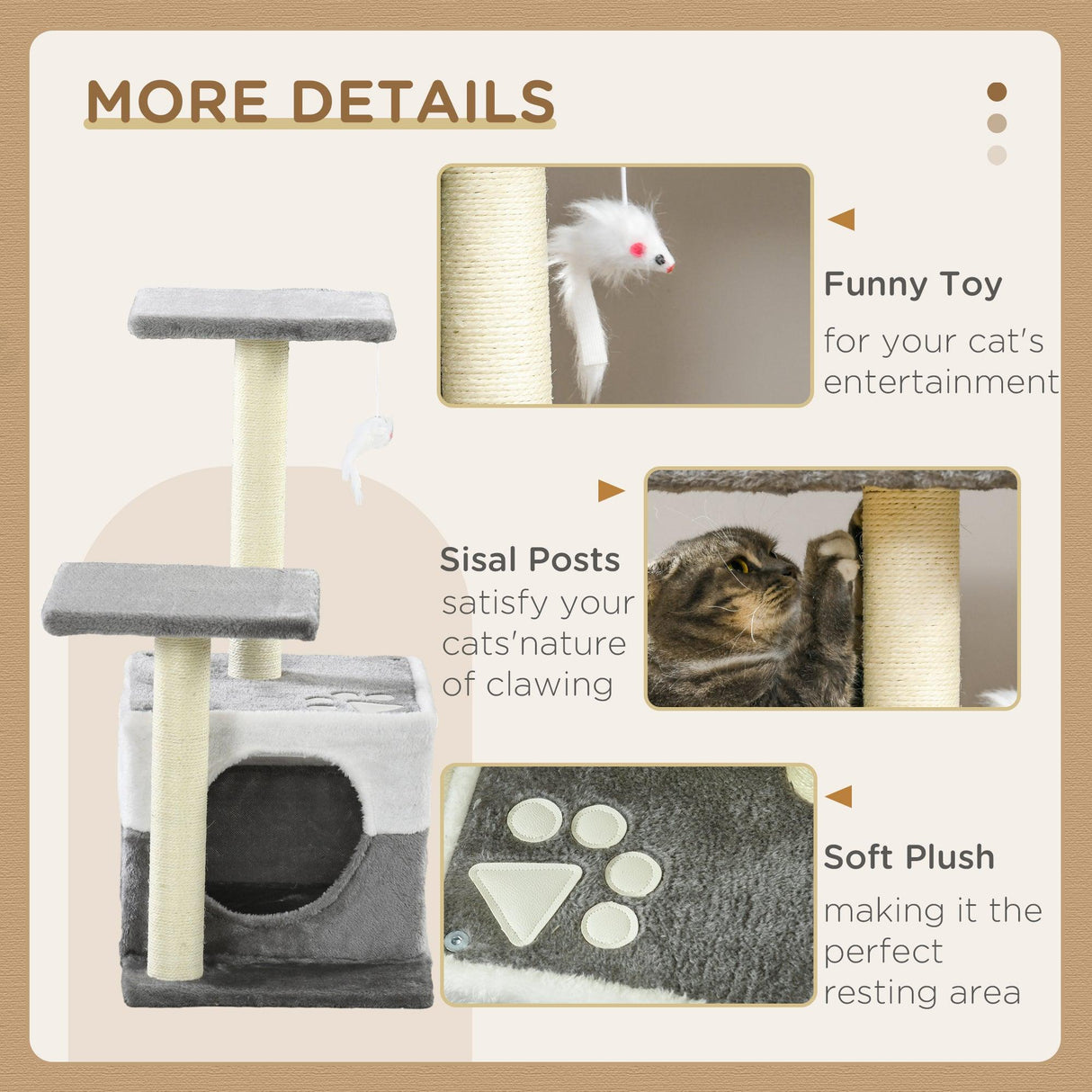 Cat Tree with Scratching Posts, Perches, and Toy Mouse, 70cm - Grey - Cat Trees - Purr Wish
