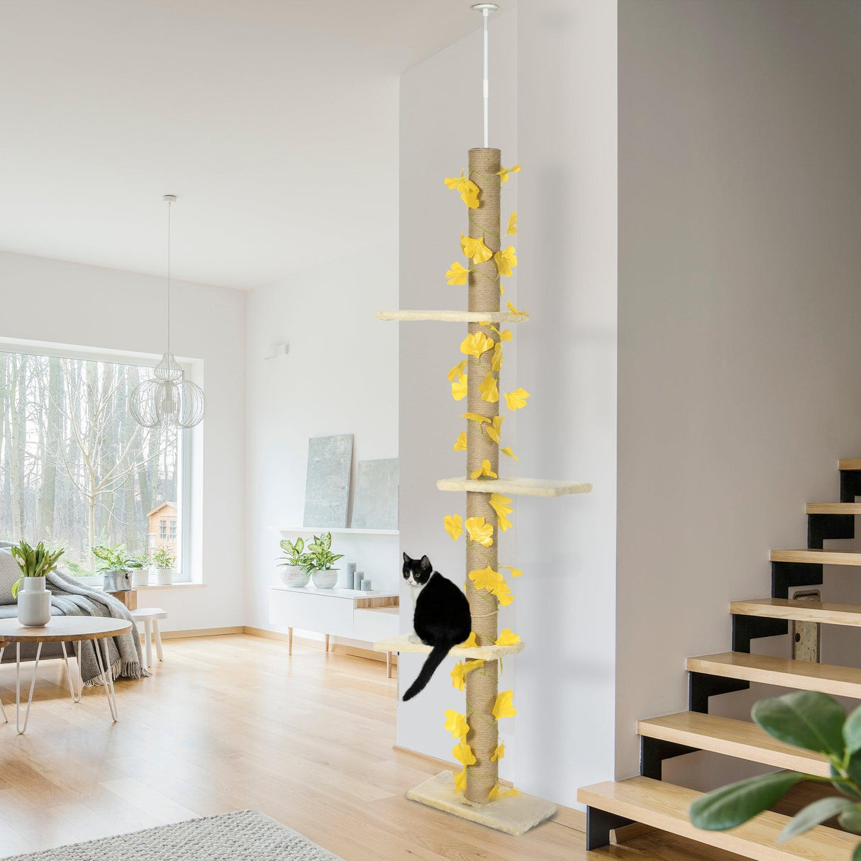 3-Tier Height Adjustable Cat Tree, 202-242cm - Beige & Yellow - Cat Trees - Purr Wish