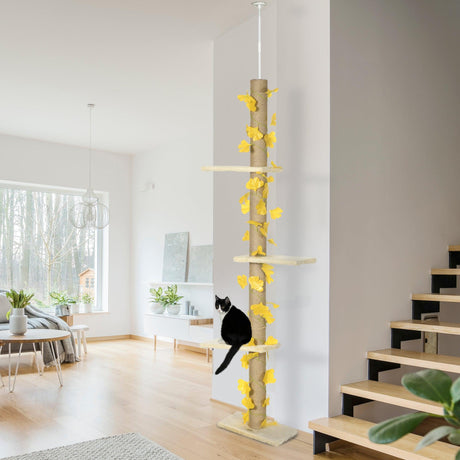 3-Tier Height Adjustable Cat Tree, 202-242cm - Beige & Yellow - Cat Trees - Purr Wish