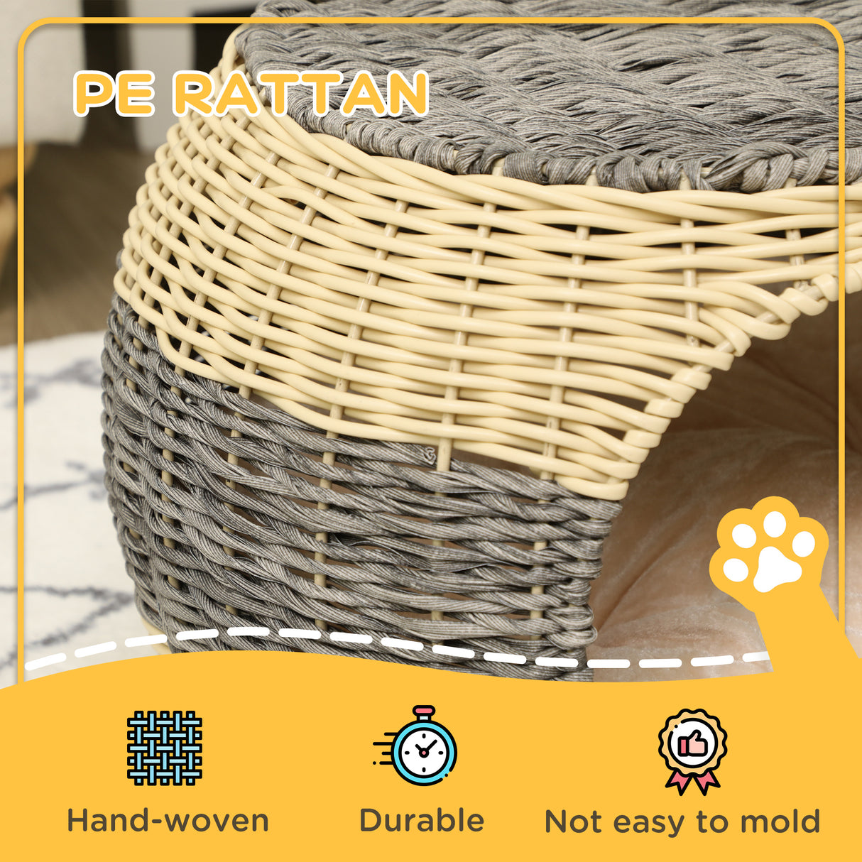 Elegant Wicker Cat House with Soft Washable Cushion, ?40 x 30cm