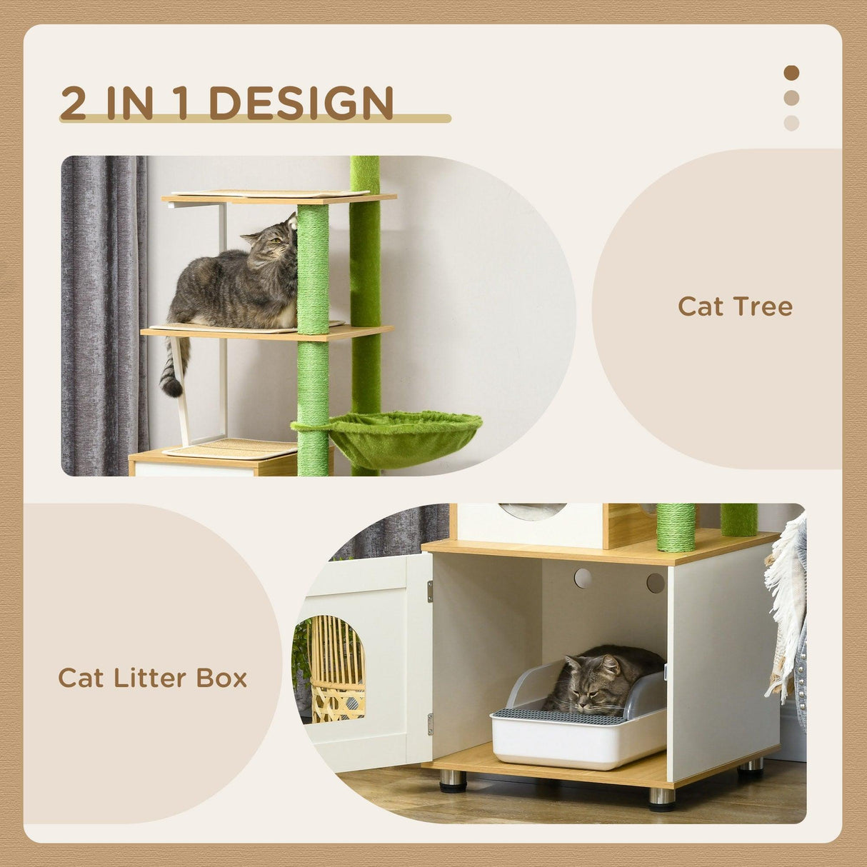 Cat Tree w/ Built-in Litter Box, 176cm - Oak & Green - Cat Trees - Purr Wish