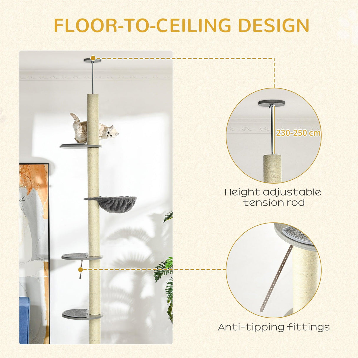 Tall Cat Tree with Hammock, Scratching Post - Cat Trees - Purr Wish