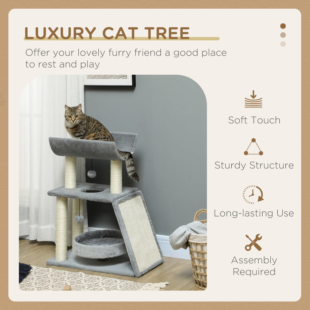 Multi-Level Cat Tree Tower w/ Bed, Perch, Toy Ball, 76cm - Grey - Cat Trees - Purr Wish