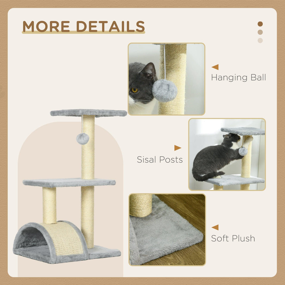 Multi-level Cat Tree with Sisal Scratching Post, 72cm - Light Grey - Cat Trees - Purr Wish