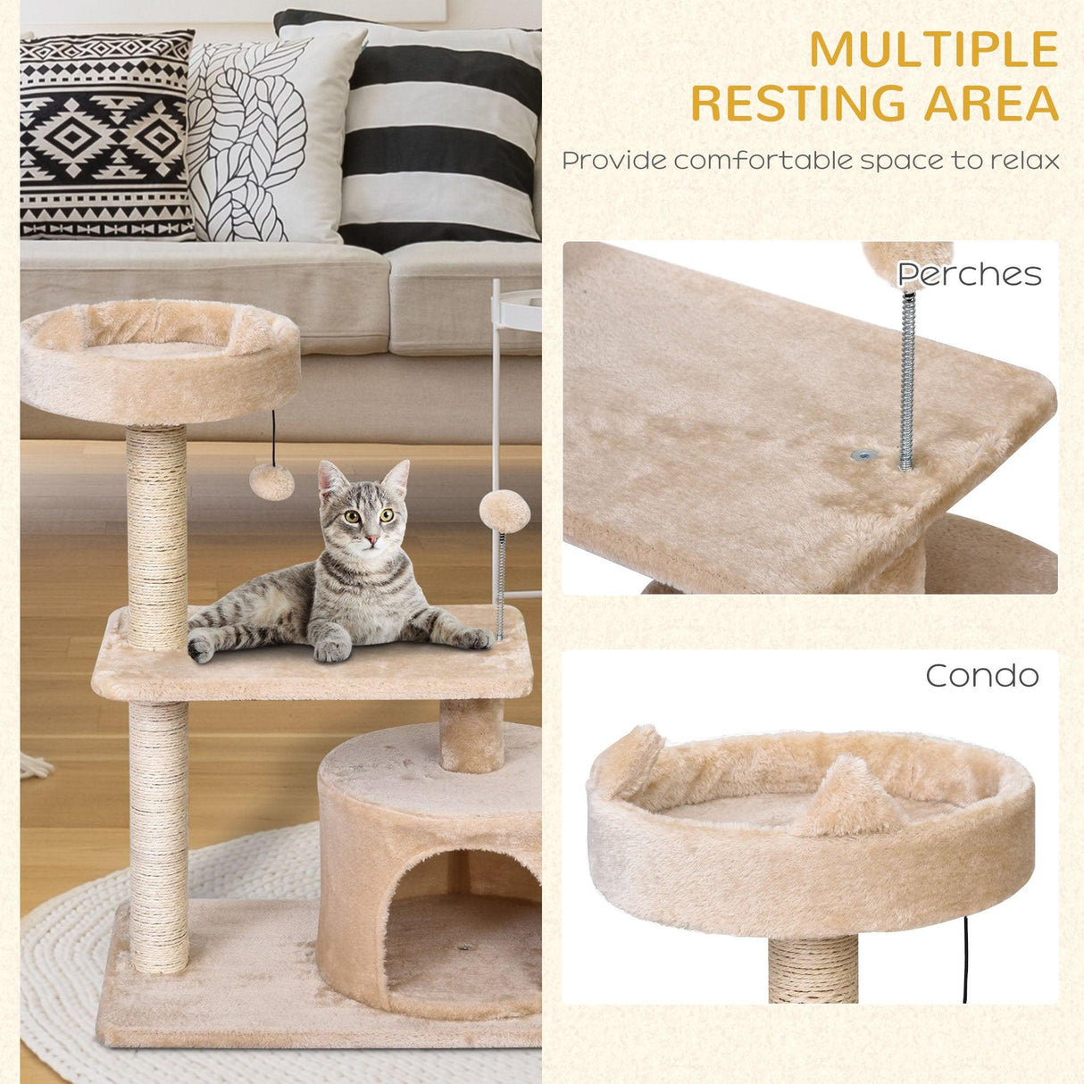 3-Tier Cat Tower w/ Hide-Away House & Ball Toys - Beige - Cat Trees - Purr Wish