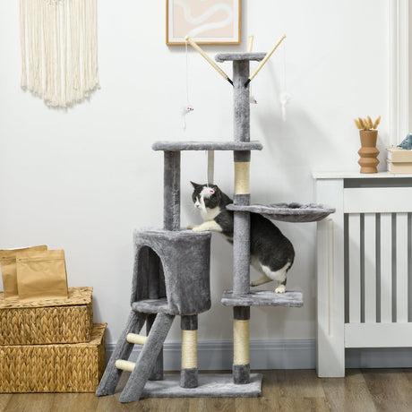Multi-level Cat Scratching Post Tower with Ladder, 134.2cm - Grey - Cat Trees - Purr Wish