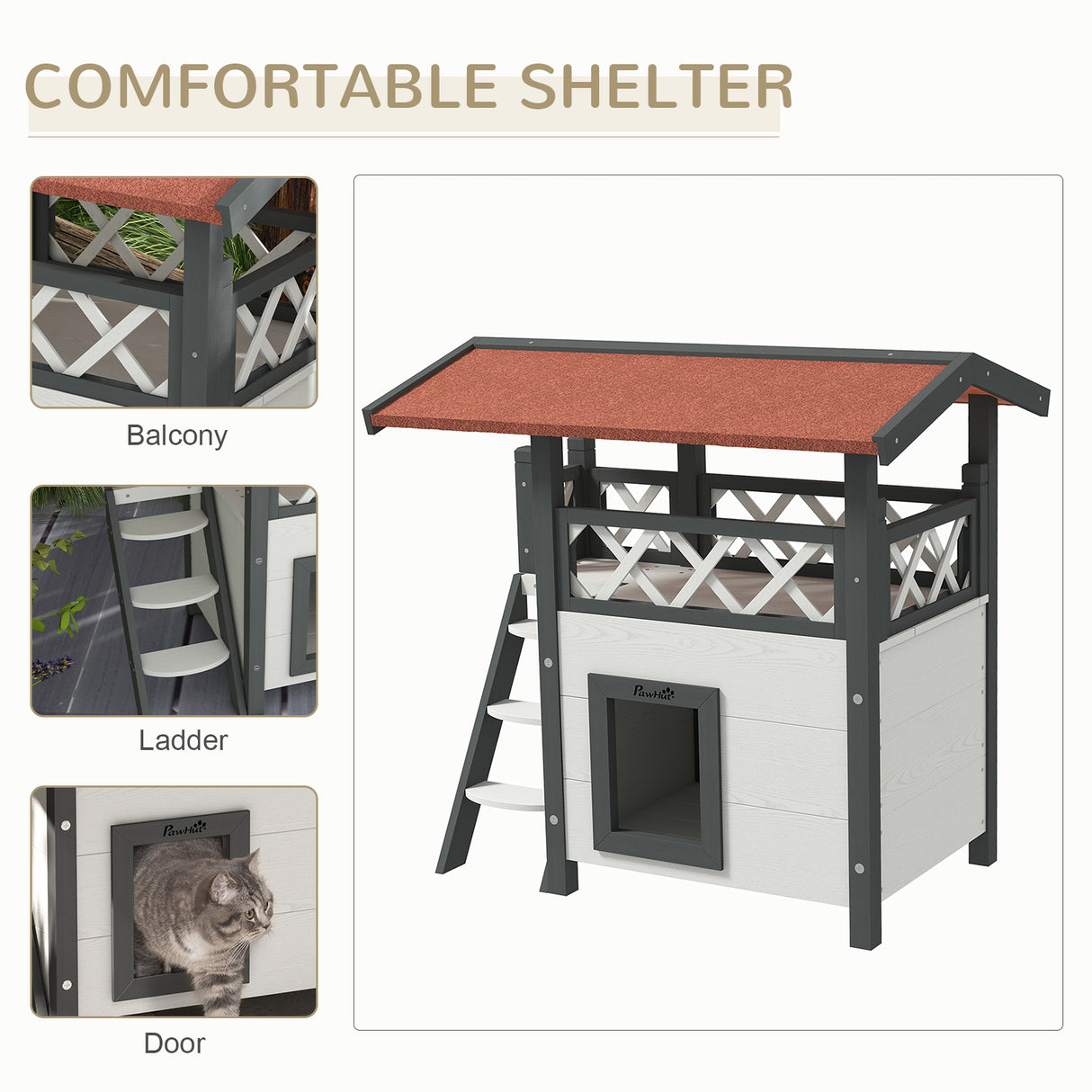Cat House Outdoor with Balcony, Stairs, Roof - White