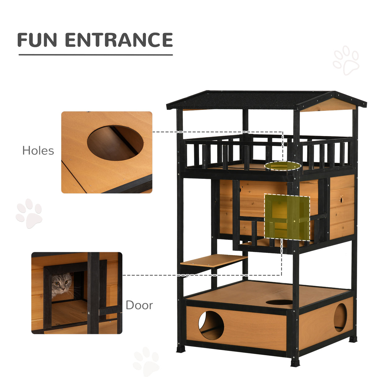 3-Tier Wooden Cat House for Winter Kitten Lodge w/ Tilted Roof, Yellow