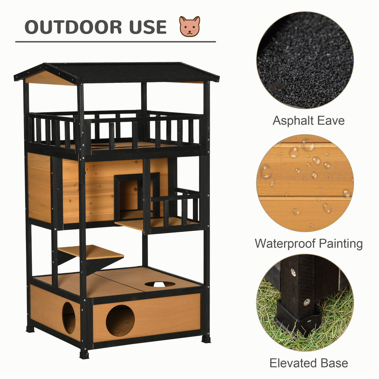 3-Tier Wooden Cat House for Winter Kitten Lodge w/ Tilted Roof, Yellow