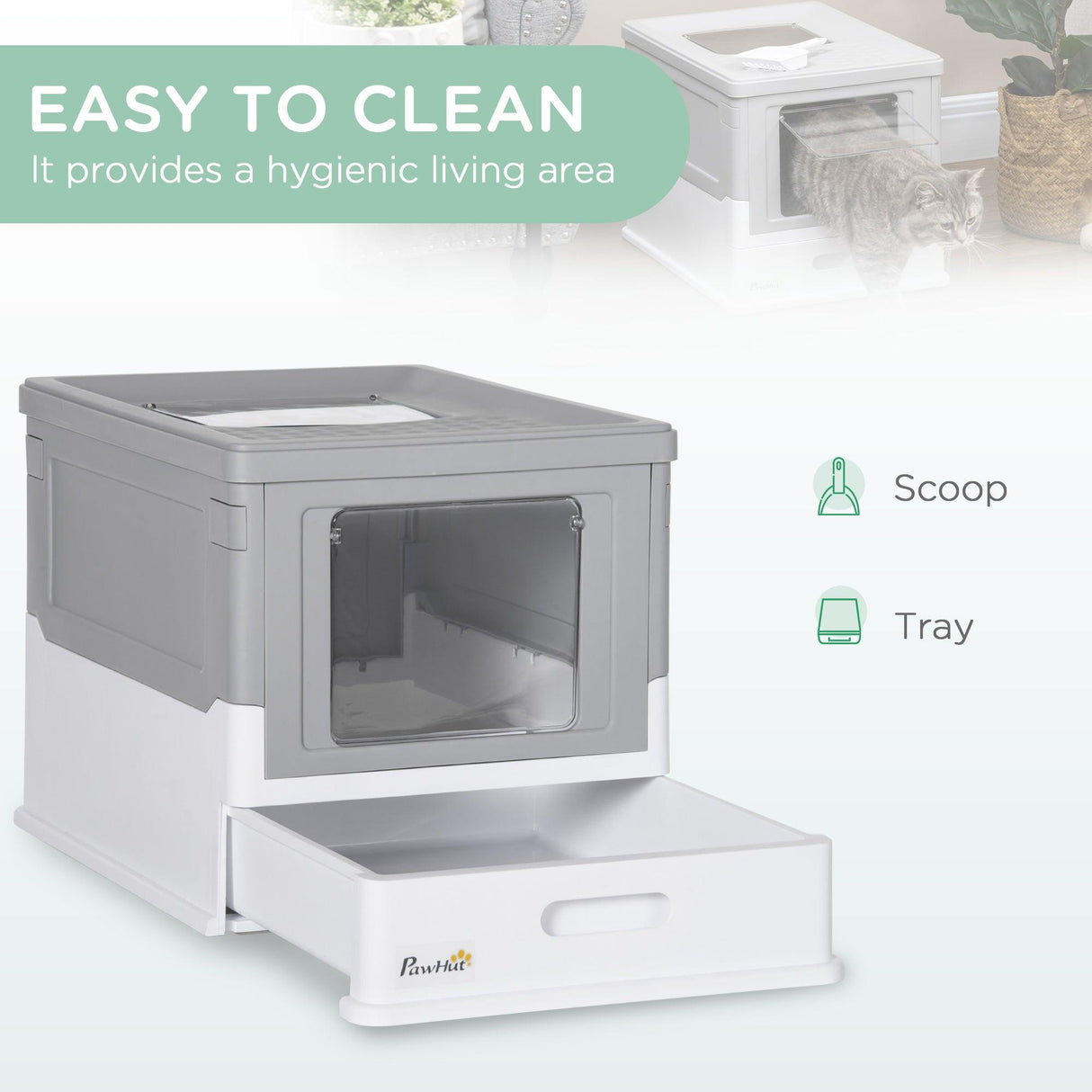 Hooded Cat Litter Box with Scoop - Grey & White - Cat Litter Trays - Purr Wish