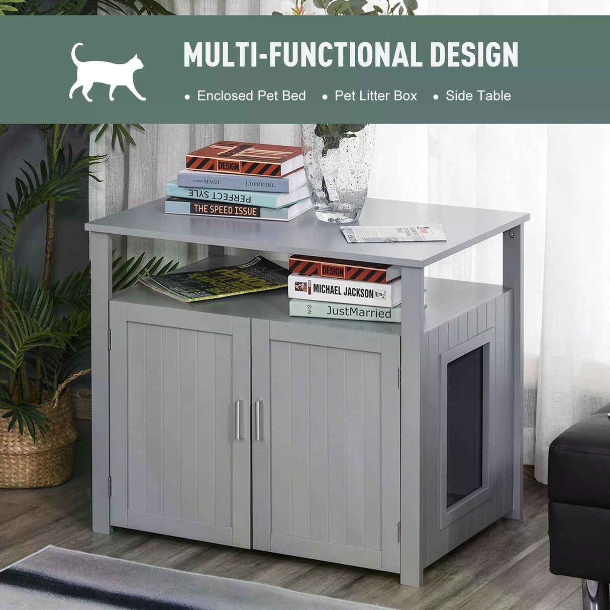 Cat Litter Box Enclosure Nightstand 66H x 76L x 51Wcm - Grey - Cat Litter Trays - Purr Wish