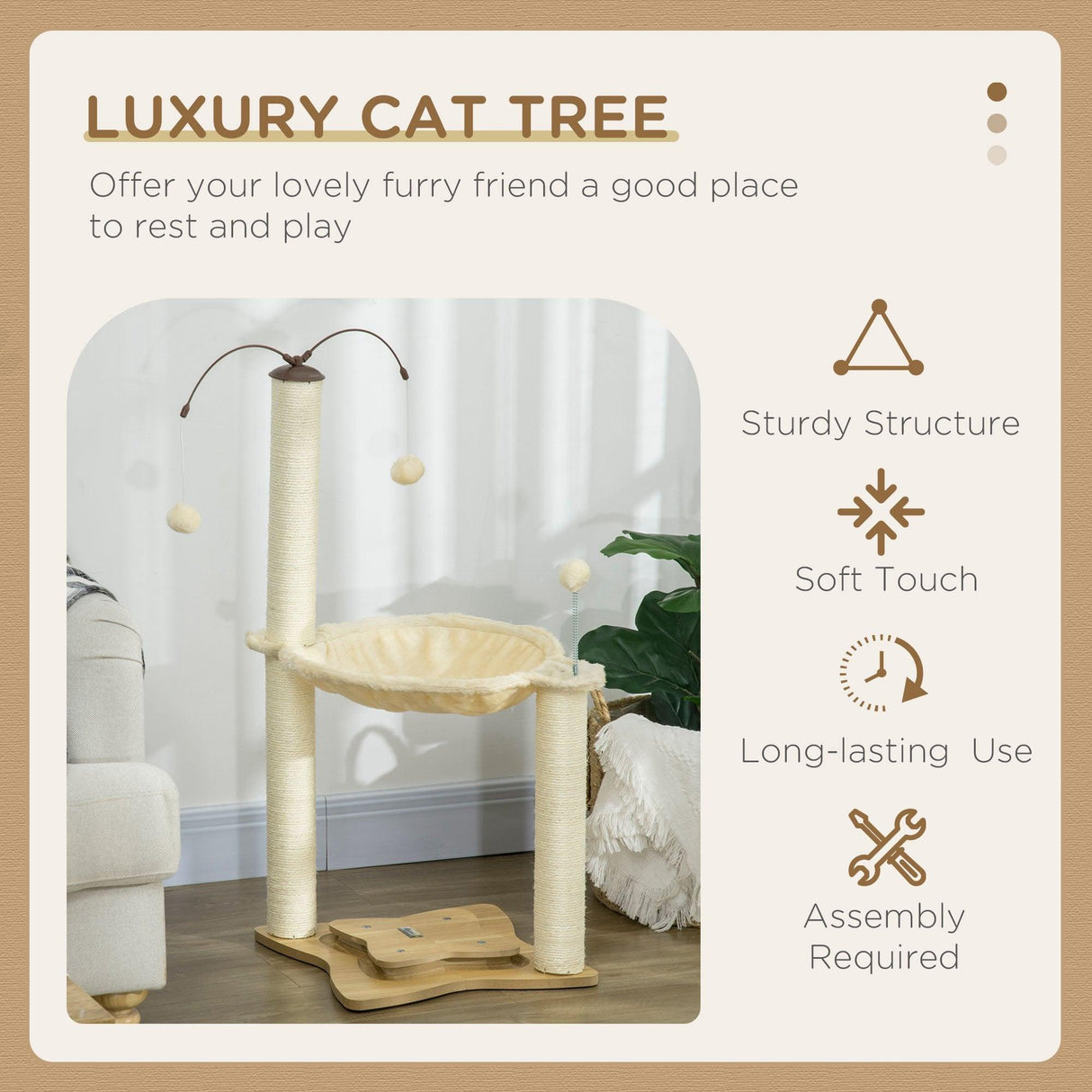 Cat Tree Kitten Play Tower with Hammock, 90cm - Beige - Cat Trees - Purr Wish