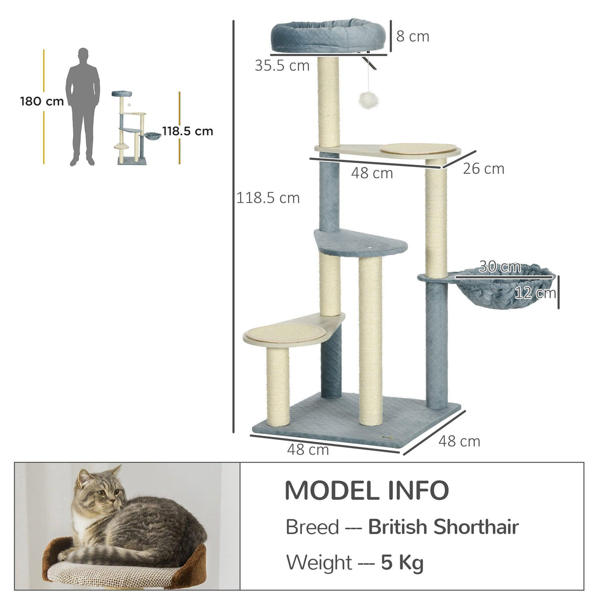 Indoor Cat Tree, Scratching Posts, Hammock, Cat Bed, 118.5cm - Grey Blue - Cat Trees - Purr Wish