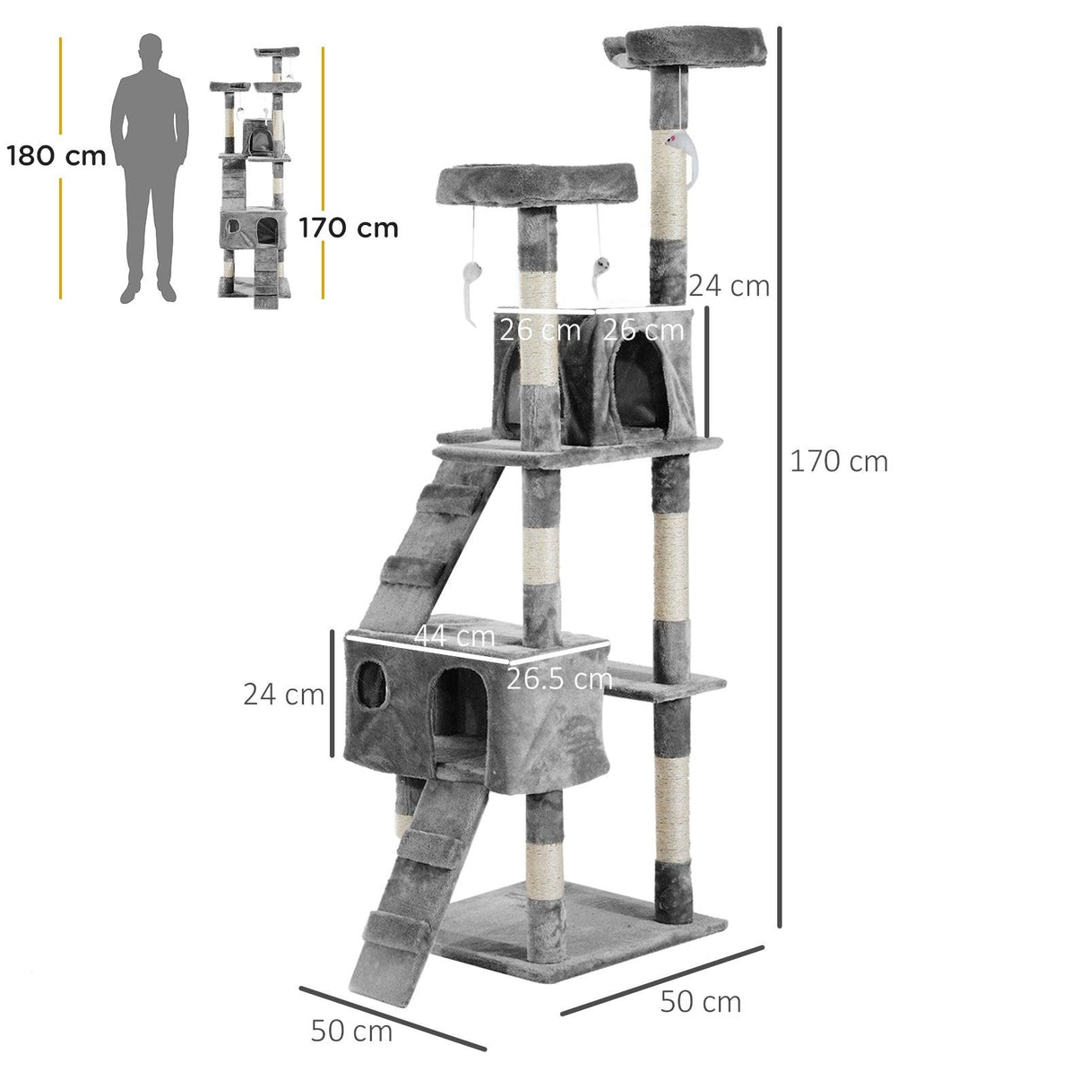 Multilevel Cat Tree Tower for Scratching, Climbing, 170cm - Grey - Cat Trees - Purr Wish