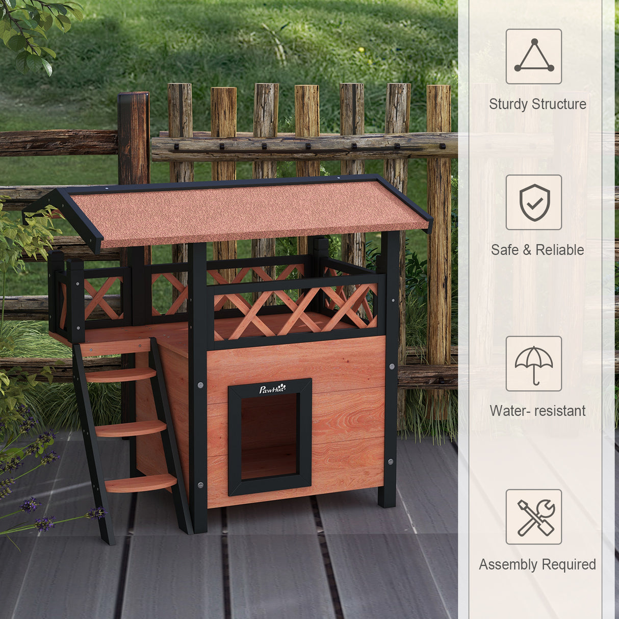 Cat House Outdoor with Balcony, Stairs, Roof - Brown