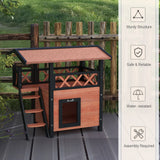 Cat House Outdoor with Balcony, Stairs, Roof - Brown