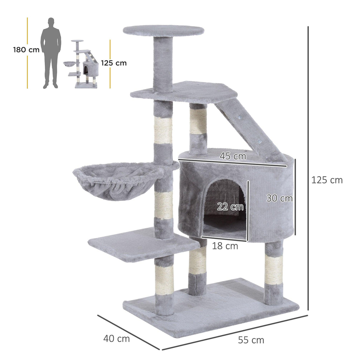 Cat Scratching Post Climbing Tower, 125cm, Grey - Cat Trees - Purr Wish