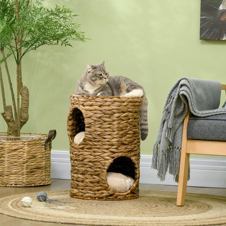 Indoor Cat Barrel Tree with 2 Cat Houses, 47cm - Light Brown - Cat Trees - Purr Wish