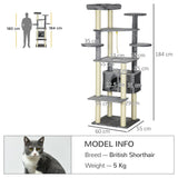 Multi-level Cat Tree w/ Scratching Posts, Bed, Condo, 184cm - Grey - Cat Trees - Purr Wish