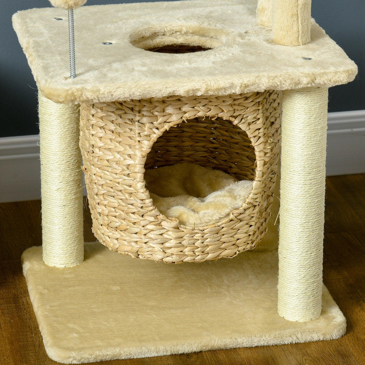 Weaved Cat Tree w/ Scratching Posts, Bed, Toy Ball, 74cm - Beige - Cat Trees - Purr Wish